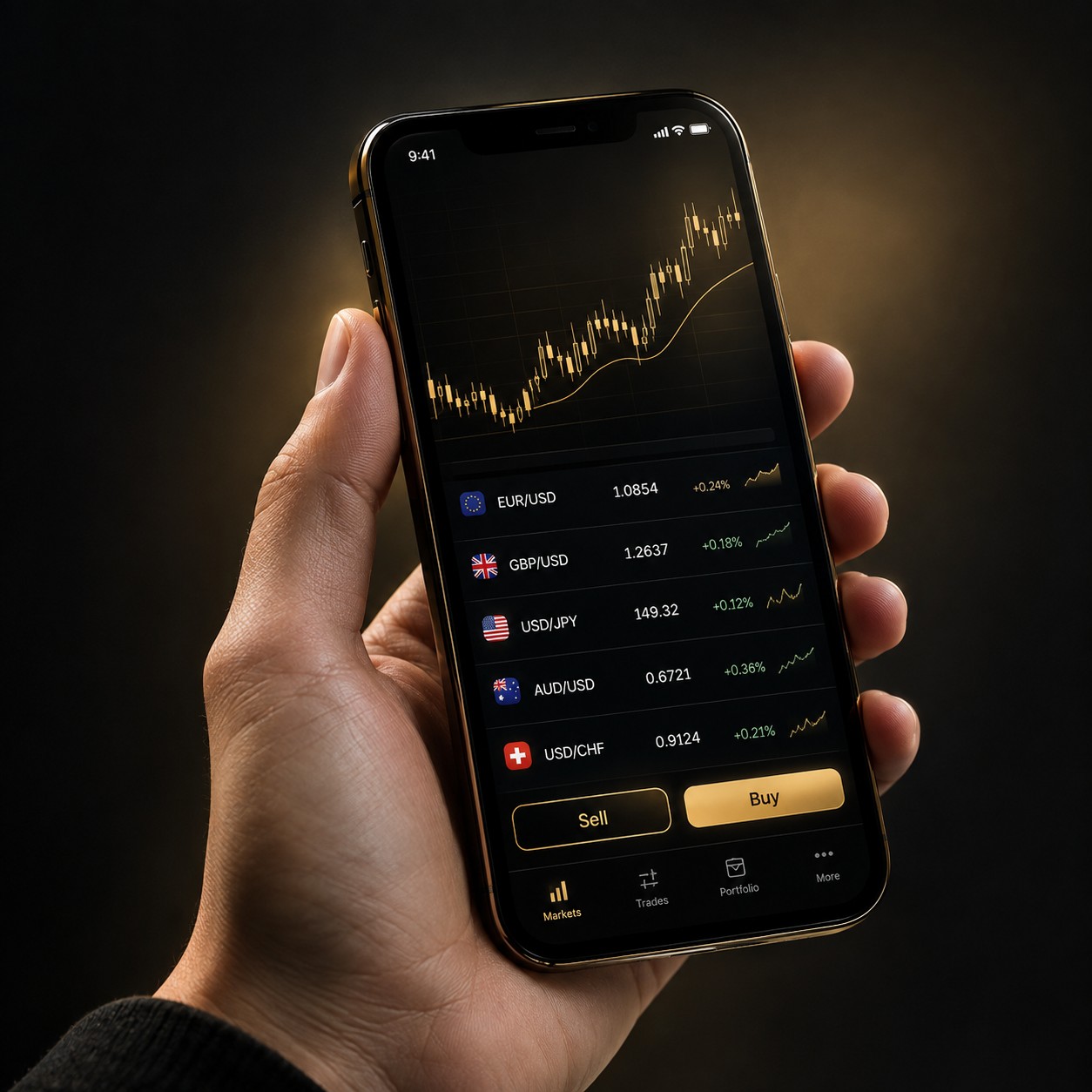 Smartphone showing a clean forex trading interface held in hand
