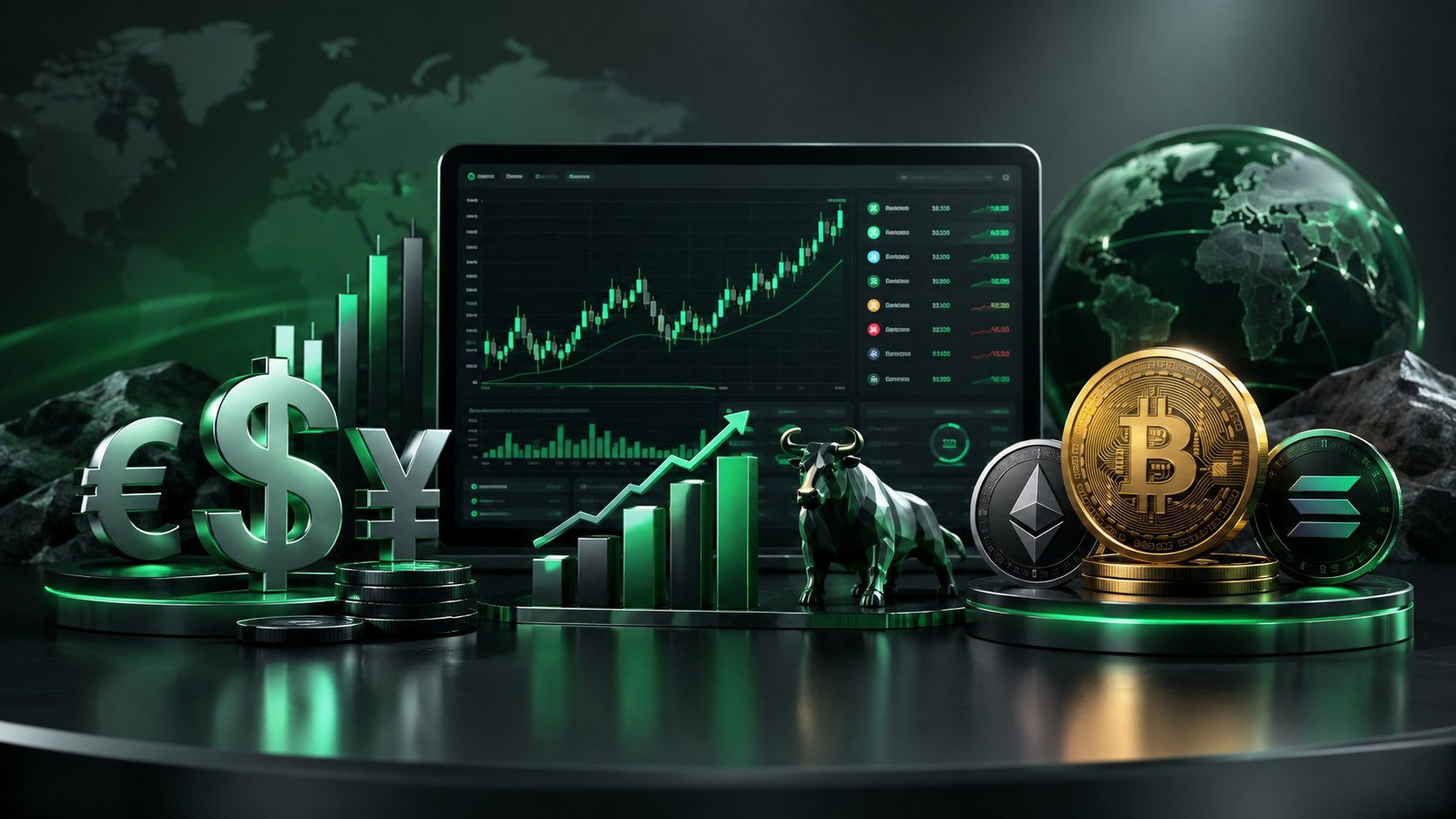 Forex stocks and crypto symbols unified on one glowing trading dashboard